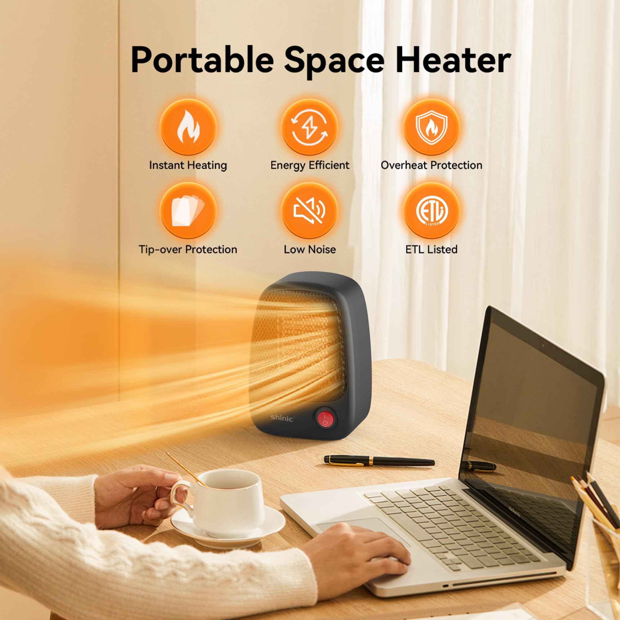Shinic Small Space Heater With Overheat Protection, 500W Mini Ptc Ceramic Heater, Fast Heating And Quiet, Portable Electric Heat