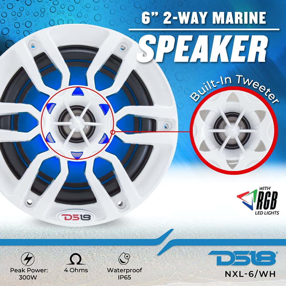 Ds18 Hydro Nxl-6 - High End Coaxial Speaker Pair - 2-Way Marine Speaker W/Integrated Rgb Lights - 300 Watt - 100% Uv Stable - Wa