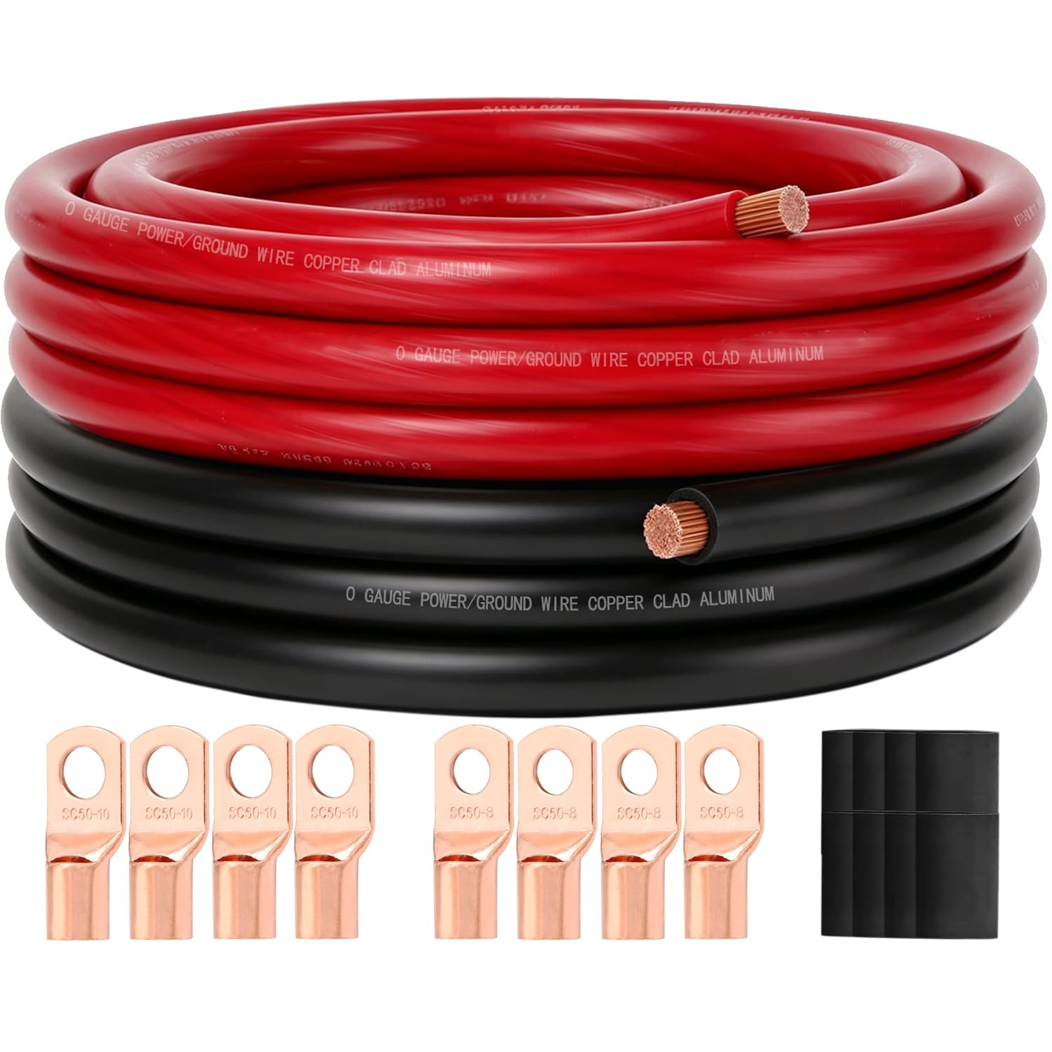 DLronwey 0 Gauge Wire 20FT,1/0 AWG Battery Cable,Copper Clad Aluminum Amp Wiring Kit with 8pcs Pure Copper Lugs & Heat Shrink Tu