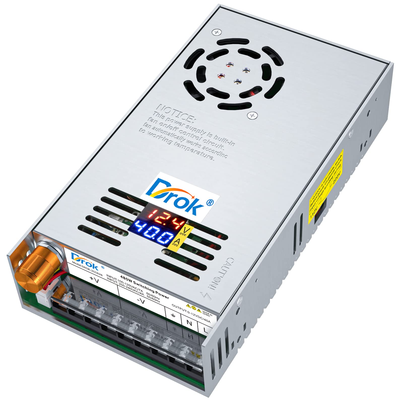 Drok 12V Power Supply, Ac 110V 220V To Dc 0 12V 40A 480W Buck Converter Dual Display, Variable Adjustable Adapter Regulated 5V 6