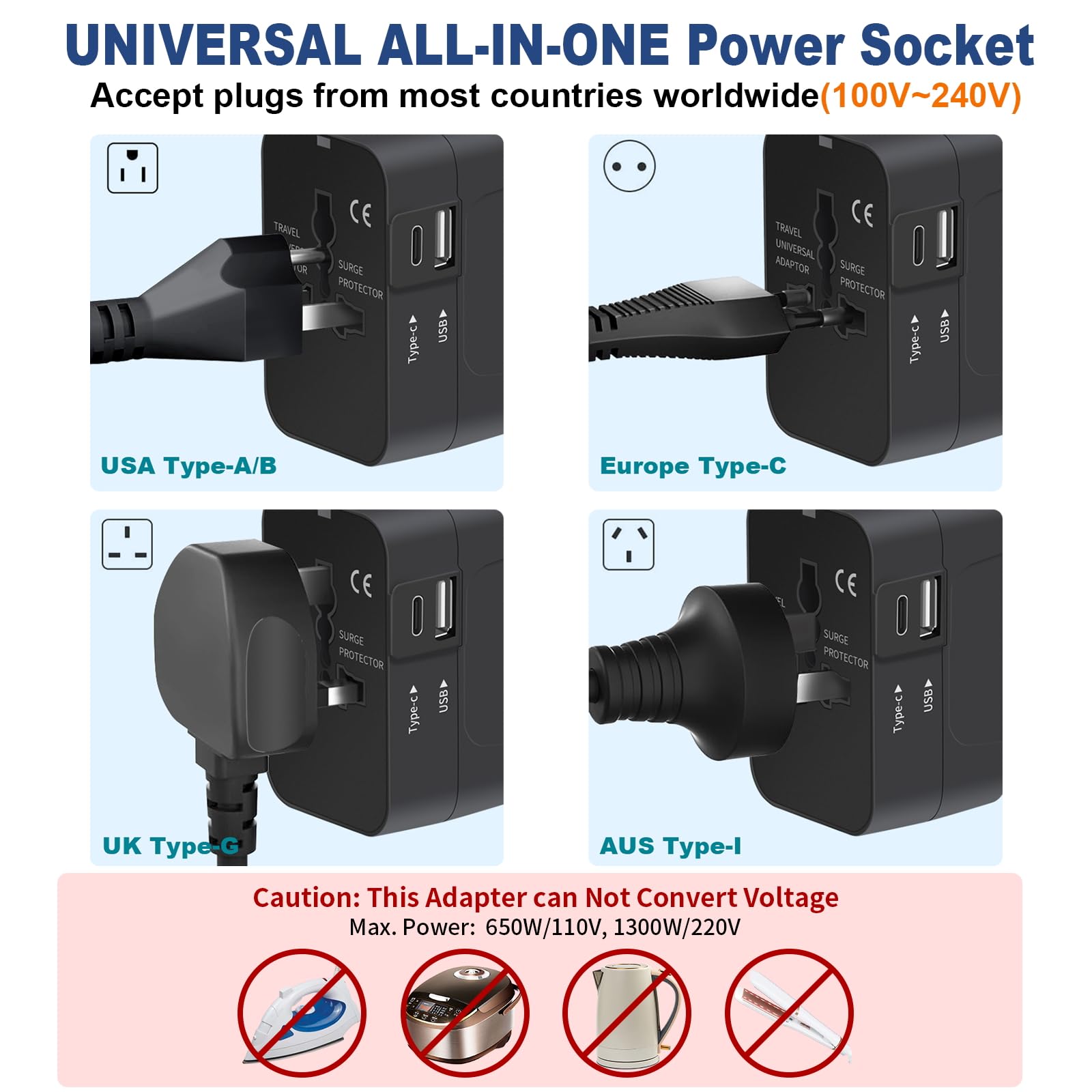 Travel Adapter, Universal All In One Worldwide Travel Adapter Power Converters Wall Charger Ac Power Plug Adapter With Dual Usb