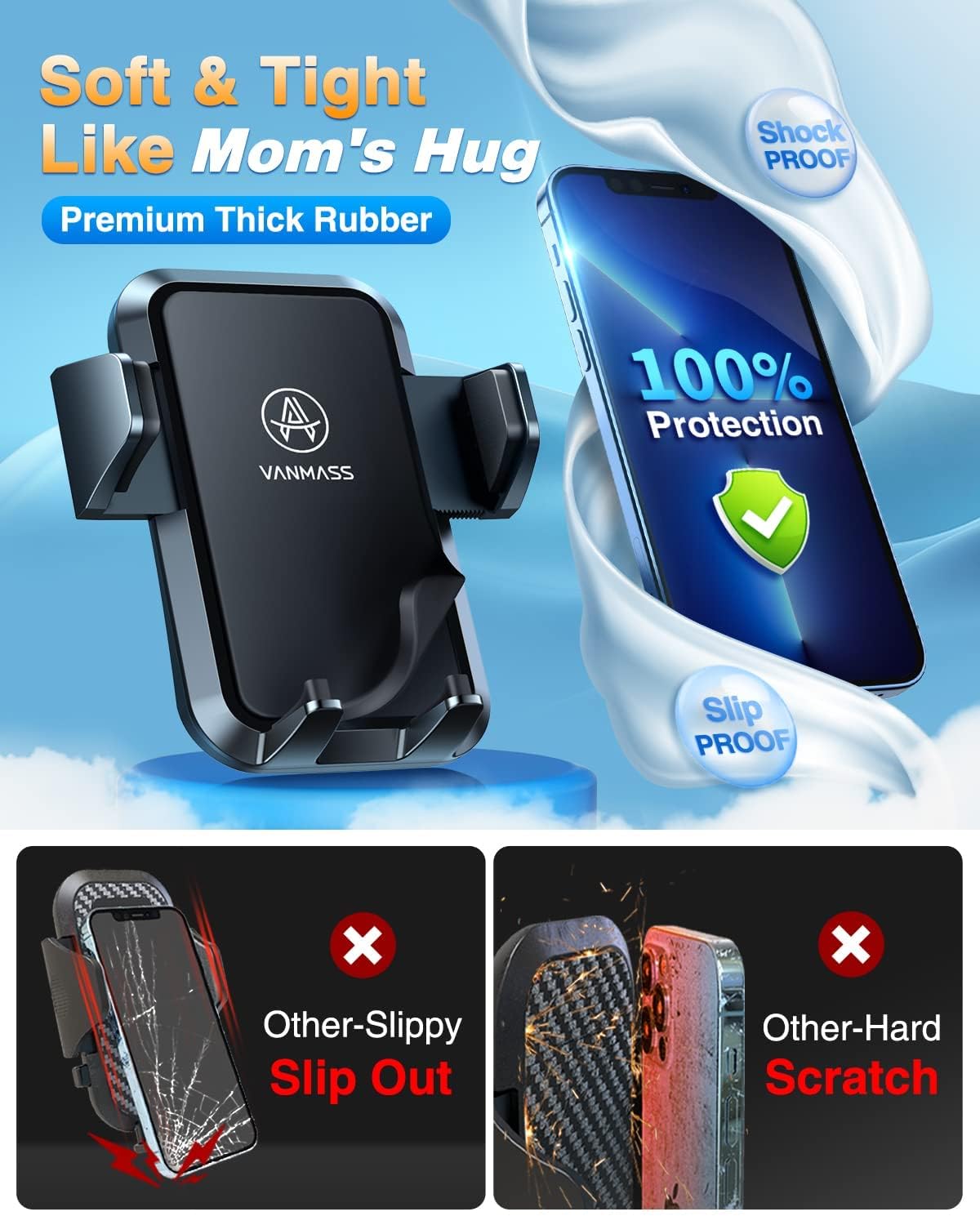 Vanmass 2024 Best Car Phone Holder [Upgraded Durable & Stable] Cell Phone Car Mount For Dashboard Windshield Vent, Suction Phone