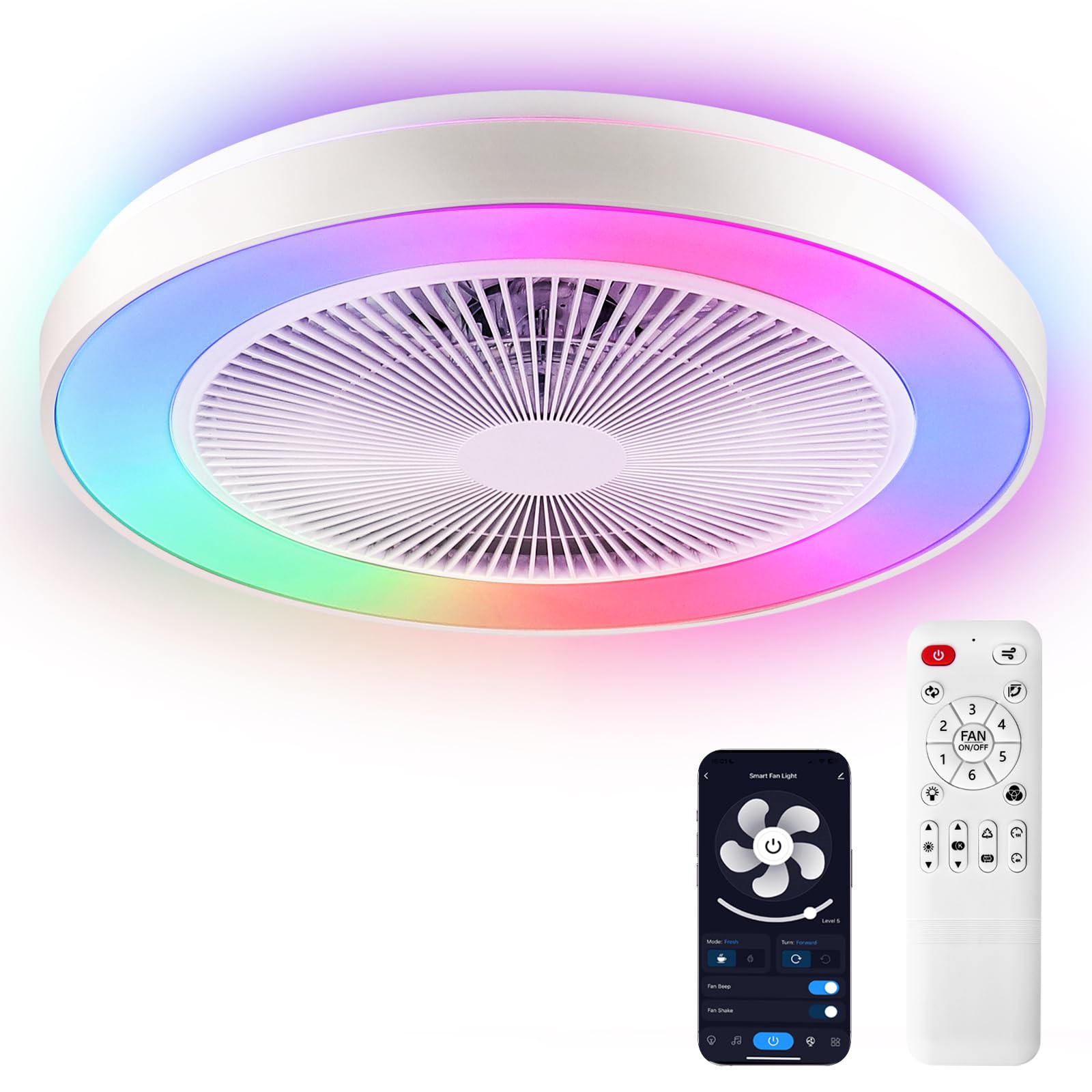 Vookea 2 In 1 Low Profile Ceiling Fan With Light, 20    Caged Safety Design For Kids   Rgb Color, Smart App/Remote Control, Quie
