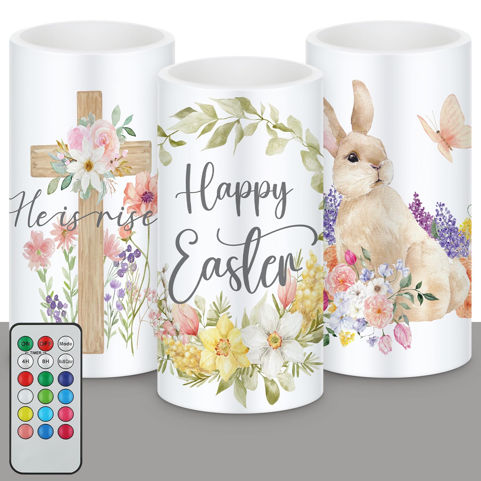 Retisee 3 Pcs Easter LED Candles Battery Operated Farmhouse Easter Bunny Flower Rabbit Spring Flameless Candles with Remote for 