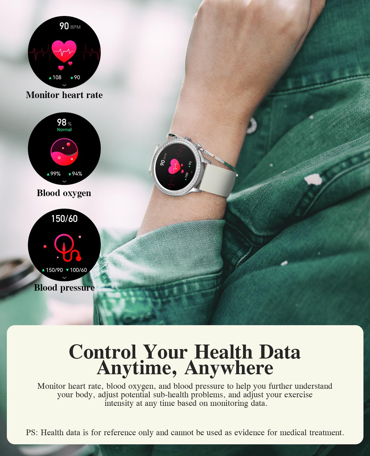 Souyie Smart Watches For Women With Diamonds,Smartwatch For Android Ios Phones, 1.32 Display, Ip67 Waterproof Fitness Tracker Wi