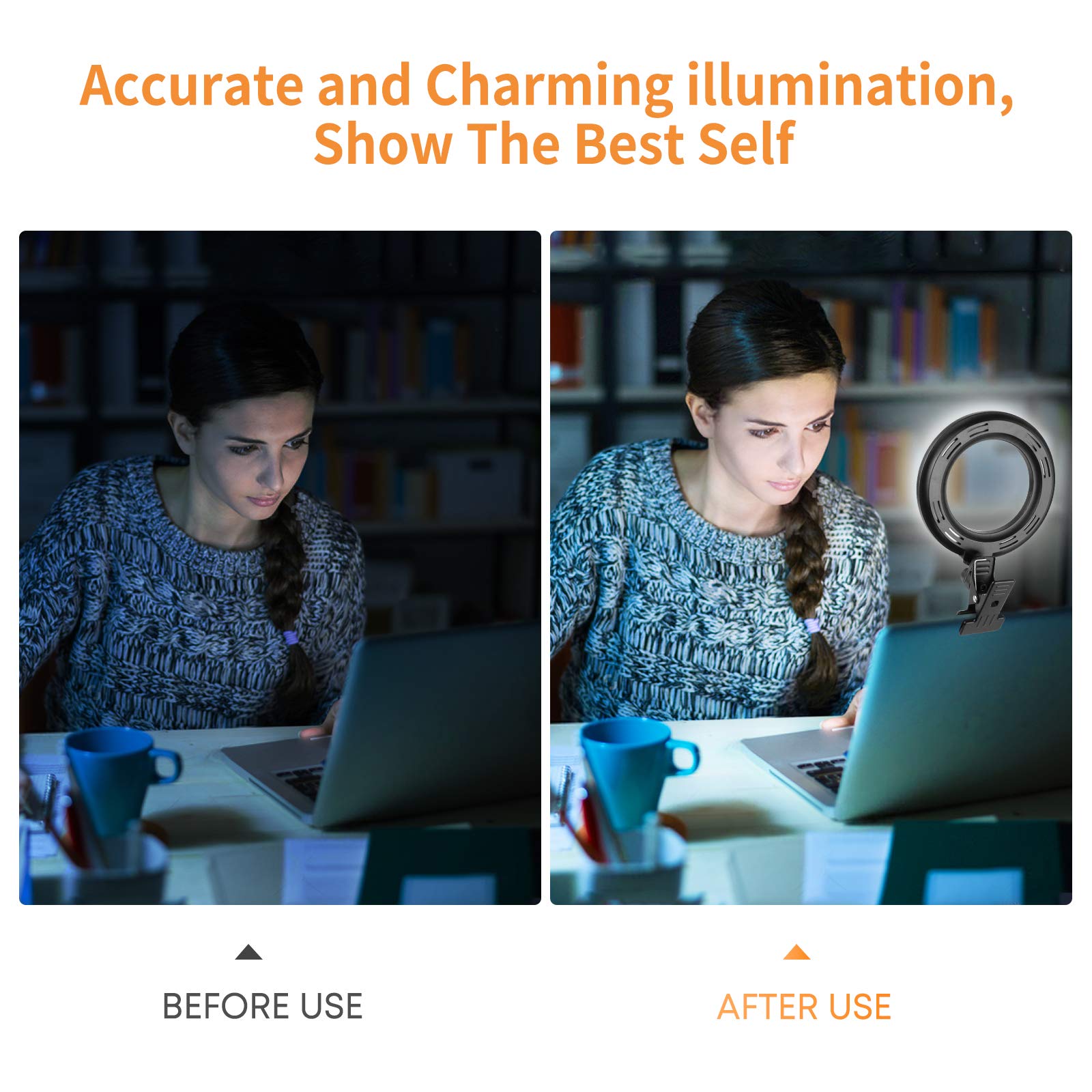 ACMEZING Video Conference Lighting Kit - Clip-On Ring Light with 5 Dimmable Colors & Brightness Levels for Webcam, Zoom, Remote Work, Live Streaming