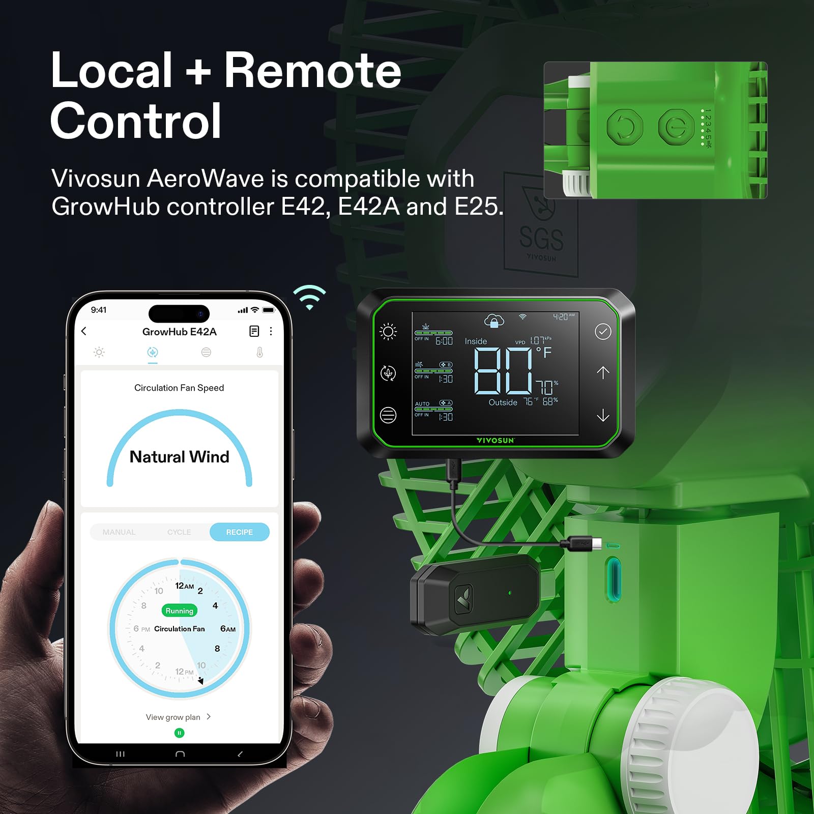 VIVOSUN AeroWave E9 Grow Tent Fan, 9 EC Motor, WiFi-Controllable, Auto Oscillating, IP54 Weatherproof, Strong Airflow, Quiet, Green