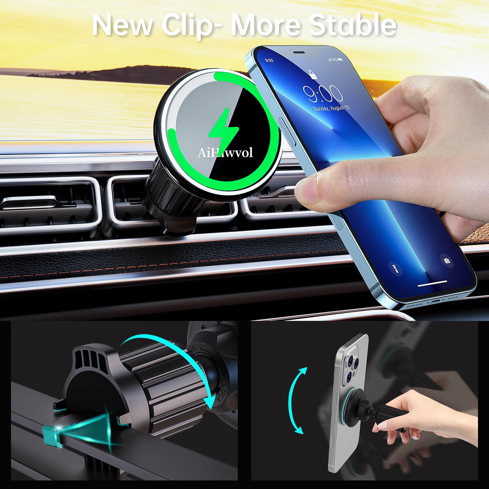 Aihiwvol For Qi2 15W Magsafe Car Mount Charger, Heat Restriction Charging, 360 Adjustable And Foldable Phone Holder Charger For