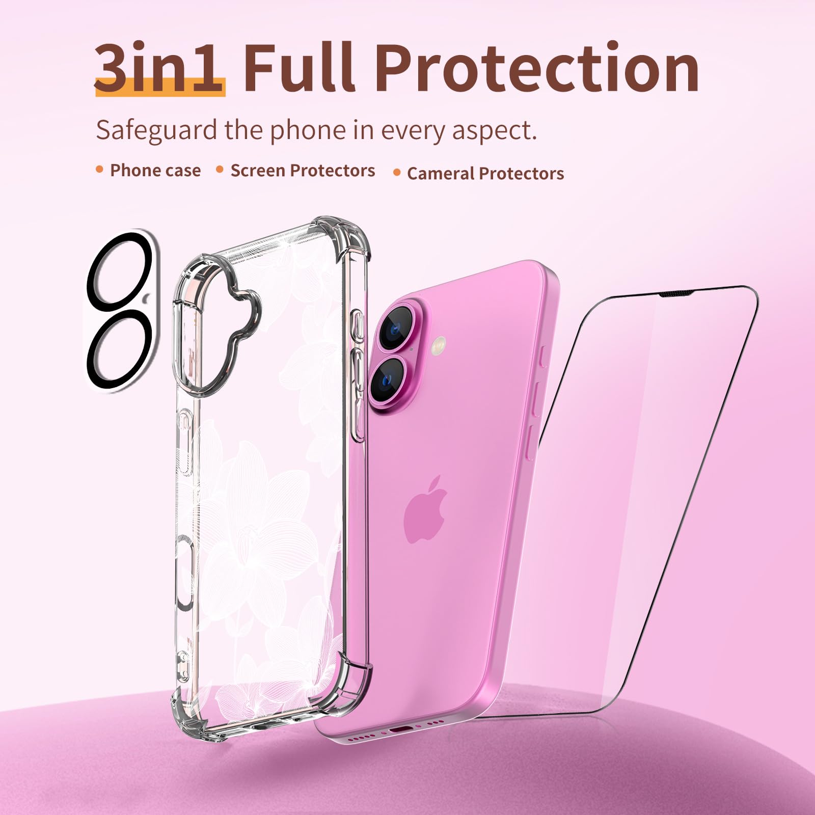 Ilnehc For Iphone 16 Case,[3 In 1] With Screen Protector & Camera Lens Protector, Flower Pattern Design,Clear Soft Shockproof Sl