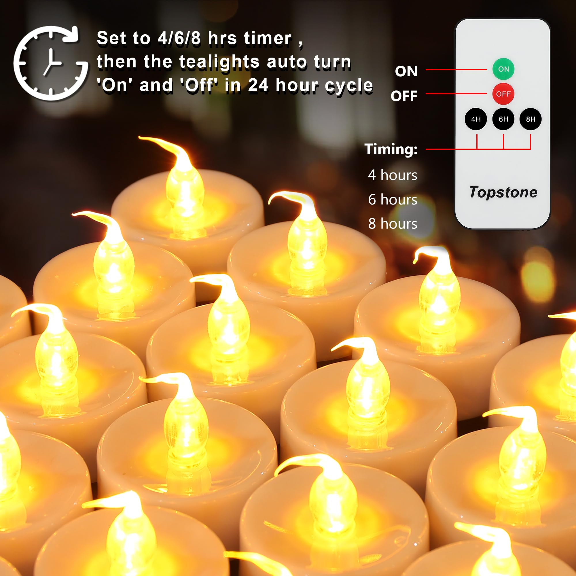 Topstone Led Candles With Remote And Timer,Warm Yellow Flameless Candles,Big Capacity Battery Operated Tea Light,Best For Weddin