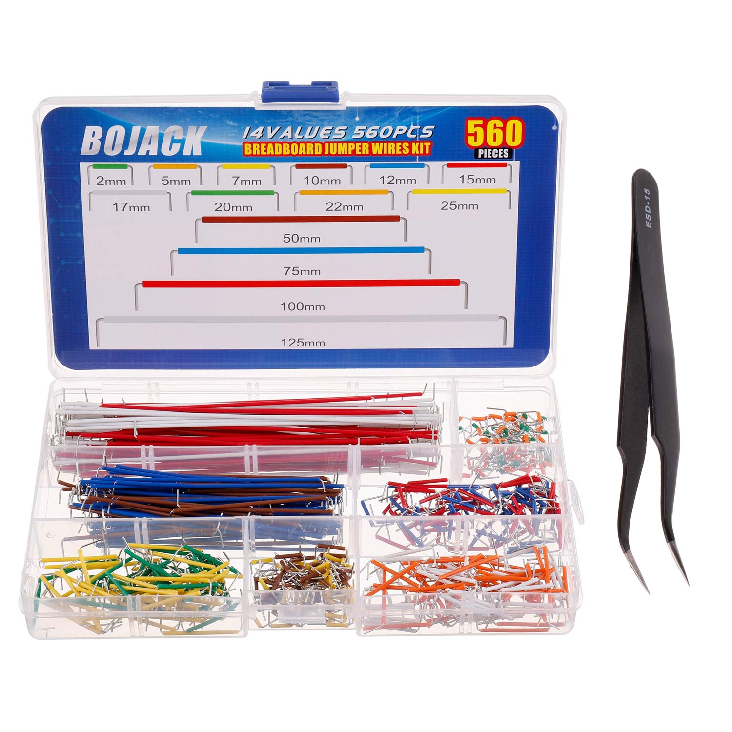 Bojack 14 Vaules 560 Pcs 2 125Mm Solderless Flexible Breadboard Connecting Line Cables Breadboard Jumper Wires Kit