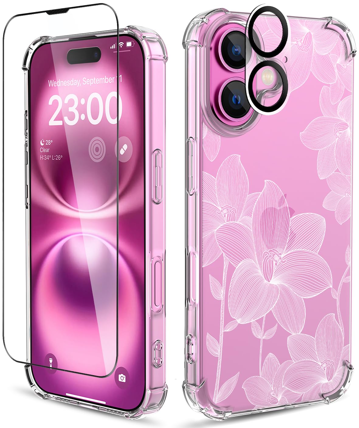 Ilnehc For Iphone 16 Case,[3 In 1] With Screen Protector & Camera Lens Protector, Flower Pattern Design,Clear Soft Shockproof Sl
