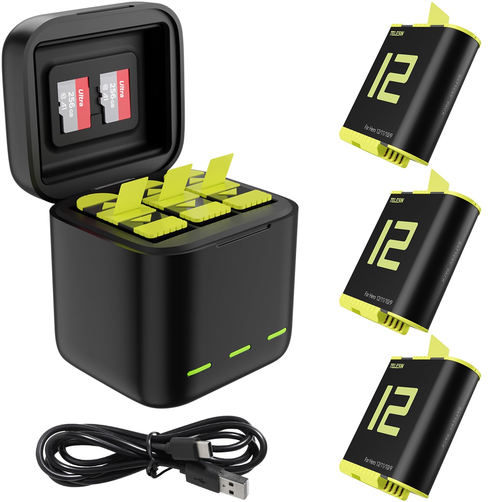 Battery Charger For Gopro Hero 12 Hero 11 Hero 10 Hero 9, Telesin 3 Pack Batteries + Triple Usb Charge Case With Sd Card Slot Fu