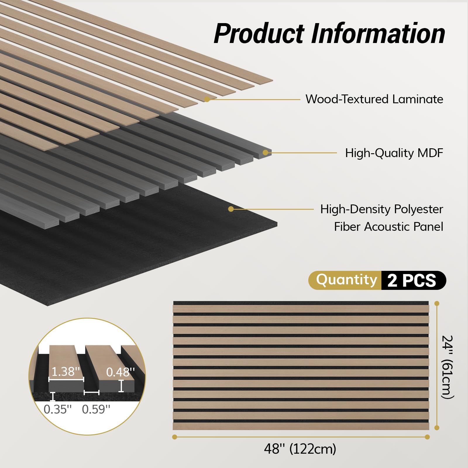 Tonor 2Pcs Wood Slat Panels, 48    X 24   Adhesive Acoustic Panels For Wall, Decorative 3D Fluted Panels For Sound Absorbing, So