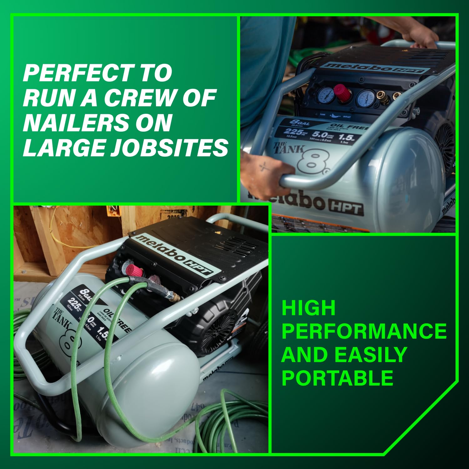 Metabo Hpt Air Compressor | The Tank 8-Gal | 225 Psi | 5 Cfm @ 90 Psi | Trolley | Oil-Free | Ec1315S Gray