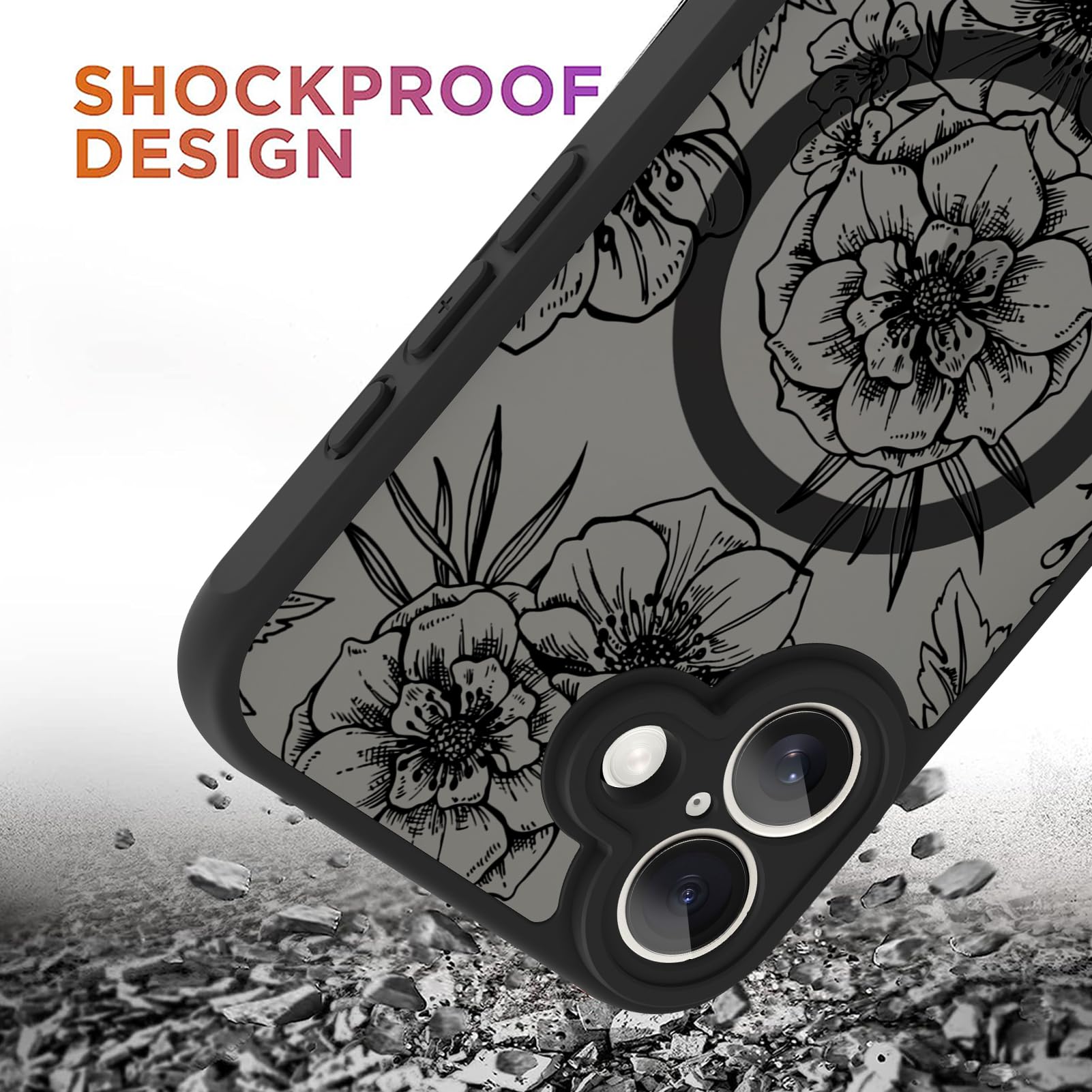 Ook Magnetic For Iphone 16 Plus Case [Compatible With Magsafe] Black Peony Flower Slim Translucent Matte Case For Iphone 16 Plus