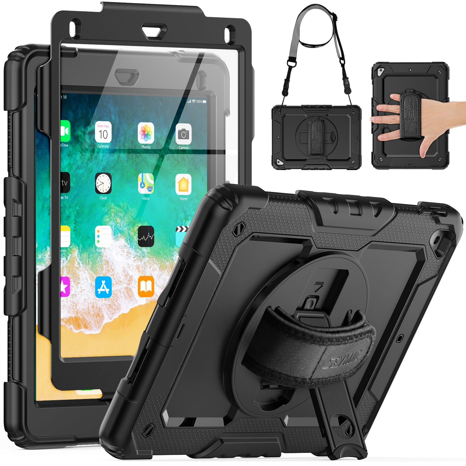 Seymac Case For Ipad 6Th/5Th Generation Case 9.7 Inch, Full Body Shockproof Heavy Duty Protective Case With Screen Protector, Rotating Stand/Hand/Shoulder Strap For Ipad Air 2/ Pro 9.7, Black