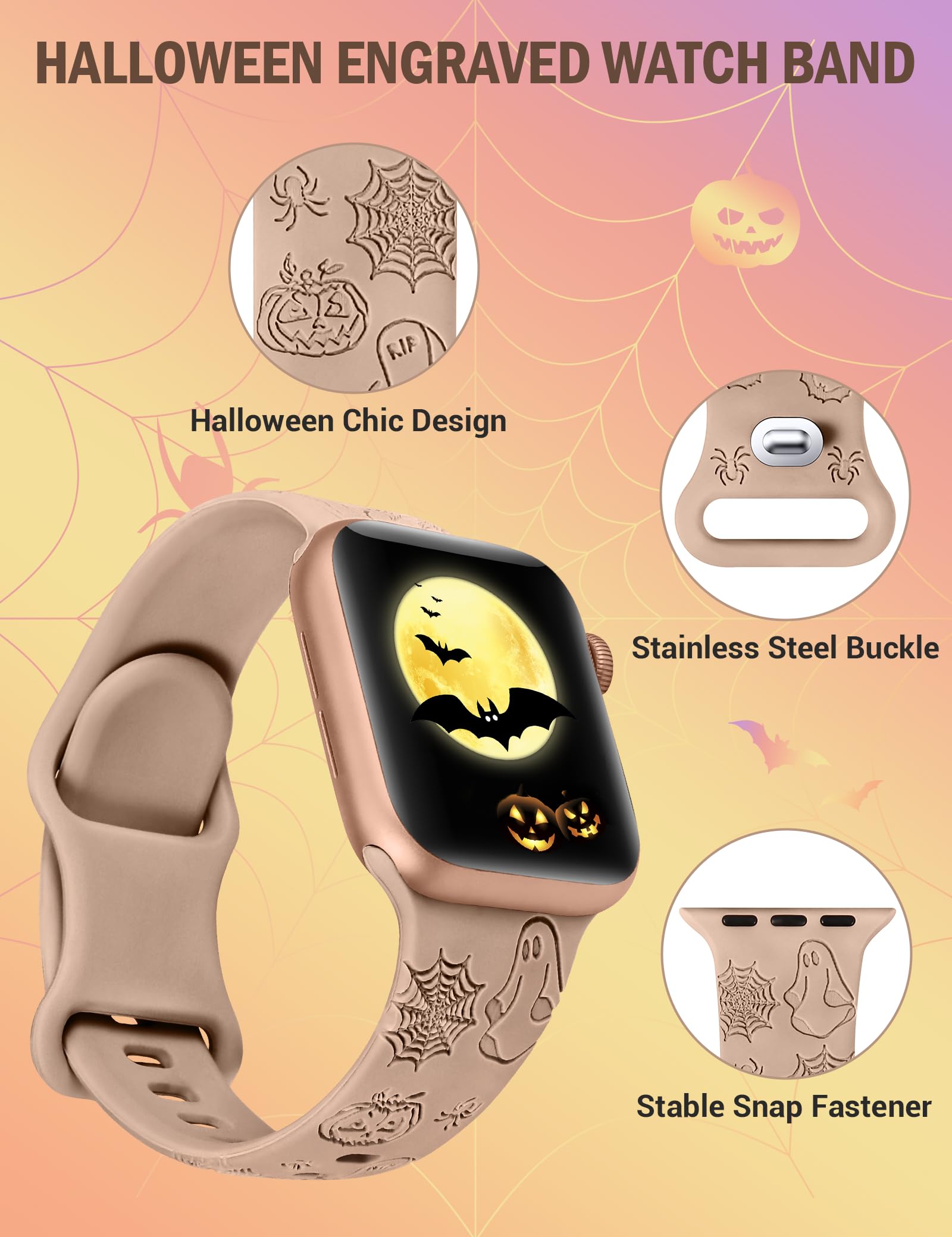 W Rara Halloween Engraved Band Compatible With Apple Watch Band 38/40/41/42/44/45/46/49Mm For Women Men, Soft Silicone Pumpkin G