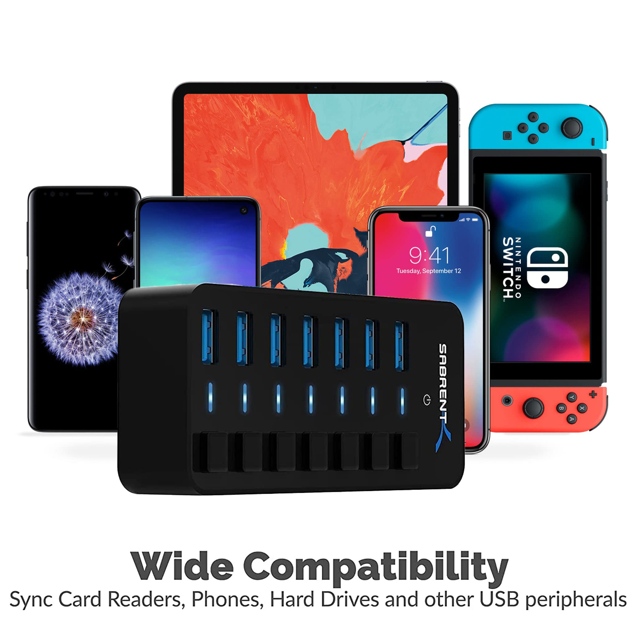 Sabrent 36W 7 Port Usb 3.0 Hub With Individual Power Switches And Leds Includes 36W 12V/3A Power Adapter (Hb Bup7)