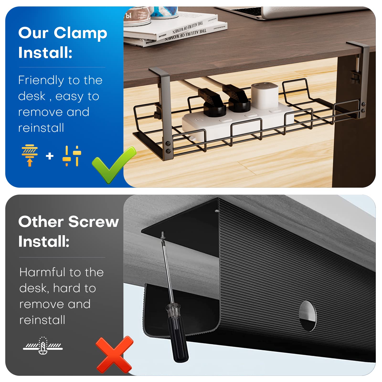 No Drill Under Desk Cable Management Tray, Sturdy Metal Wire Organizer Under Desk Basket For Office And Home Standing Desk