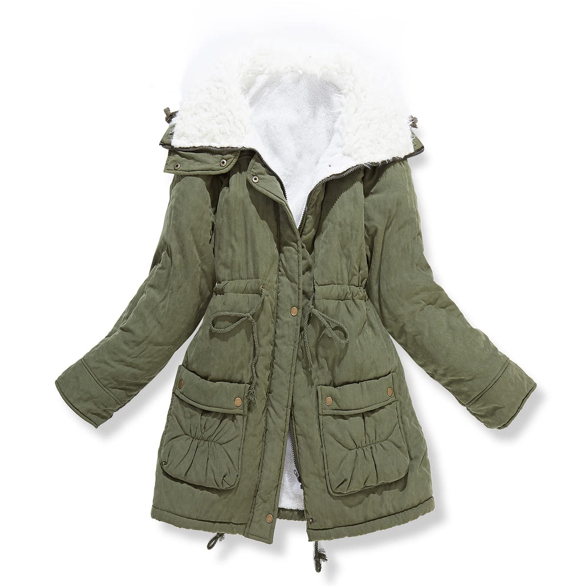 Mewow Womens Winter Mid Length Thick Warm Faux Lamb Wool Lined Jacket Coat (L, Armygreen)