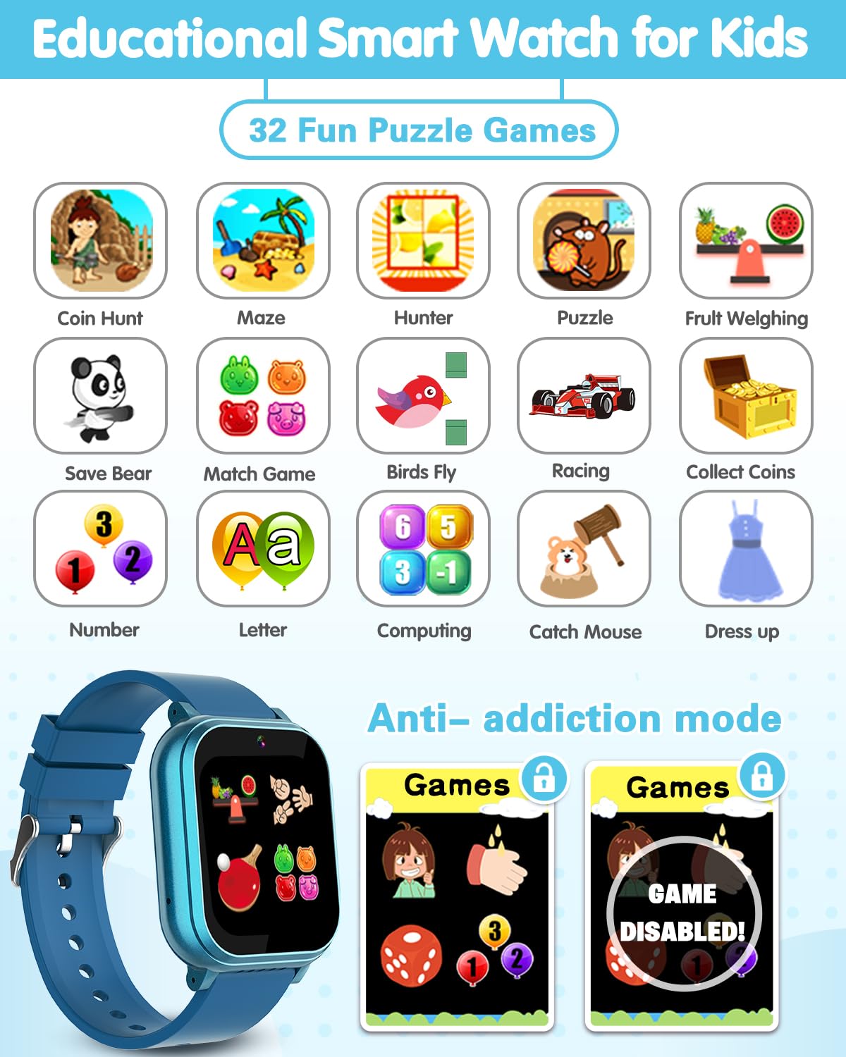 Waterproof Smart Watch For Kids With 32 Games Dual Camera, Habit Tracking, Pedometer, Hd Touchscreen With Protector, Kids Watch