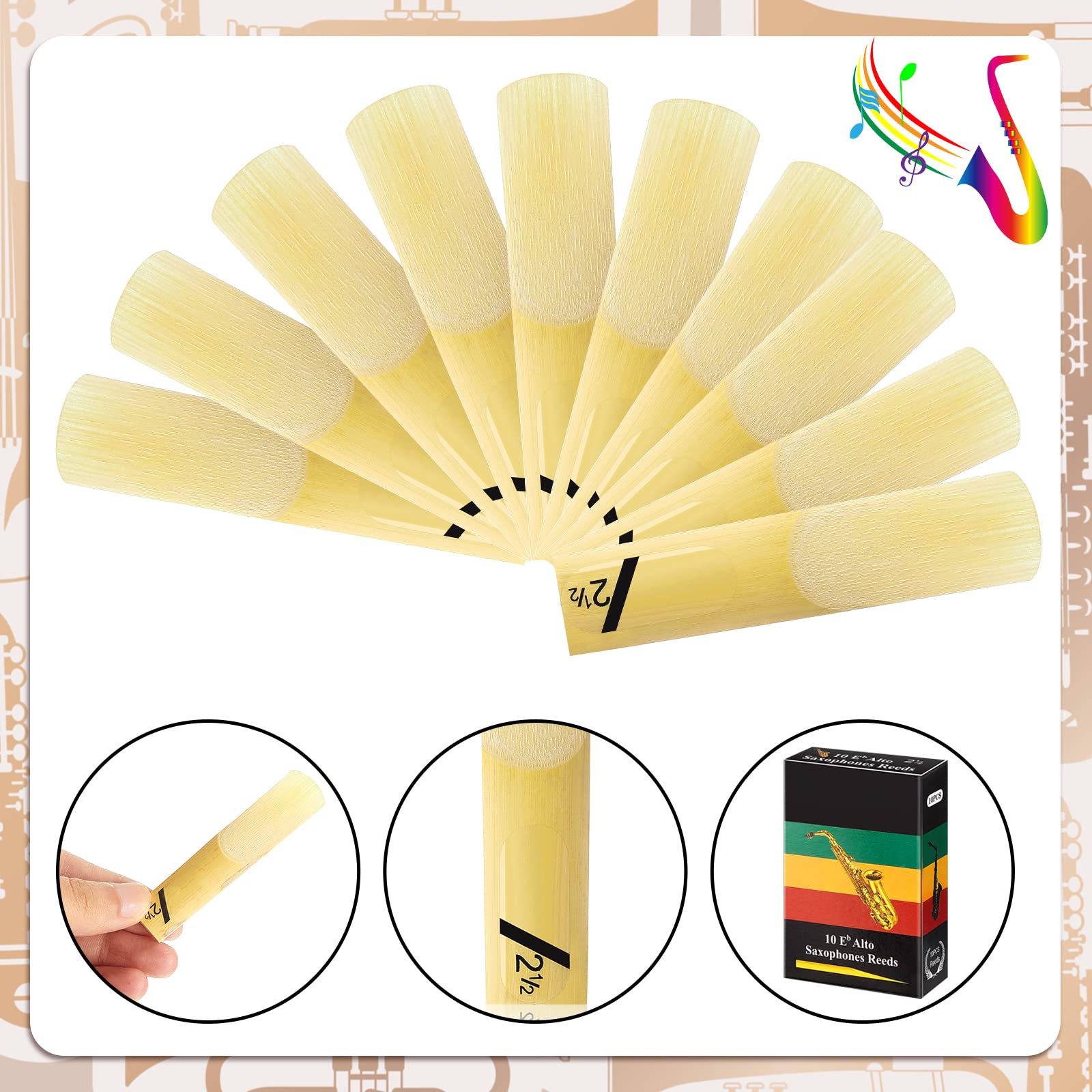 20 Pieces Alto Saxophone Sax Reeds Size 2.5, Strength 2 1/2 Bamboo Saxophone Reeds With Individual Case For Clarinet Soprano Or