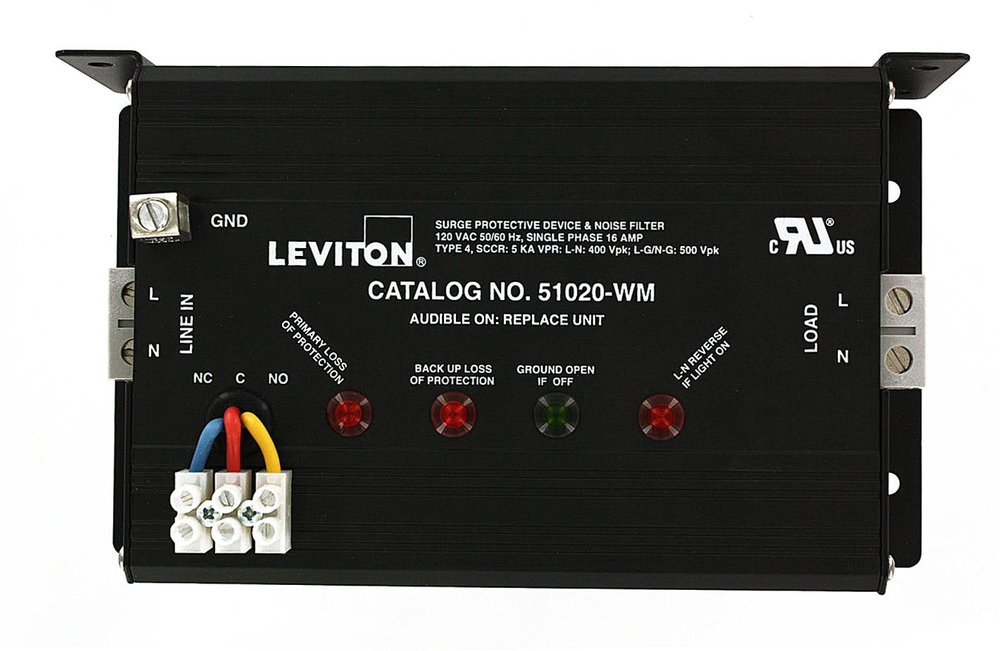 Leviton 51020-WM 120 Volt, 20 Amp, 2 Pole, 3 Wire, In-Line Protector Surge Protective Device, Wired-In Module, Surface Mounted