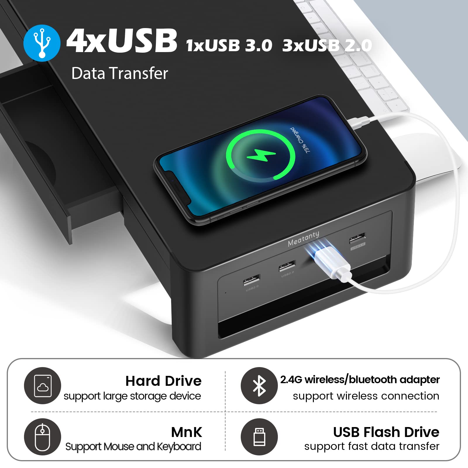 Meatanty 2 In 1 Monitor Stand Riser With 2 Storage Drawers And 4 Usb Ports, Metal Computer Monitor Stand Supports Transfer Data
