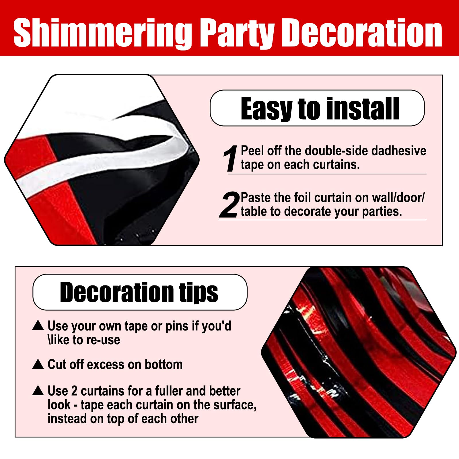 3 Pack Black Red Foil Fringe Curtain Backdrop, 3.28Ft X 8.2Ft Metallic Tinsel Foil Fringe Streamer Curtains For Photo Booth, Val