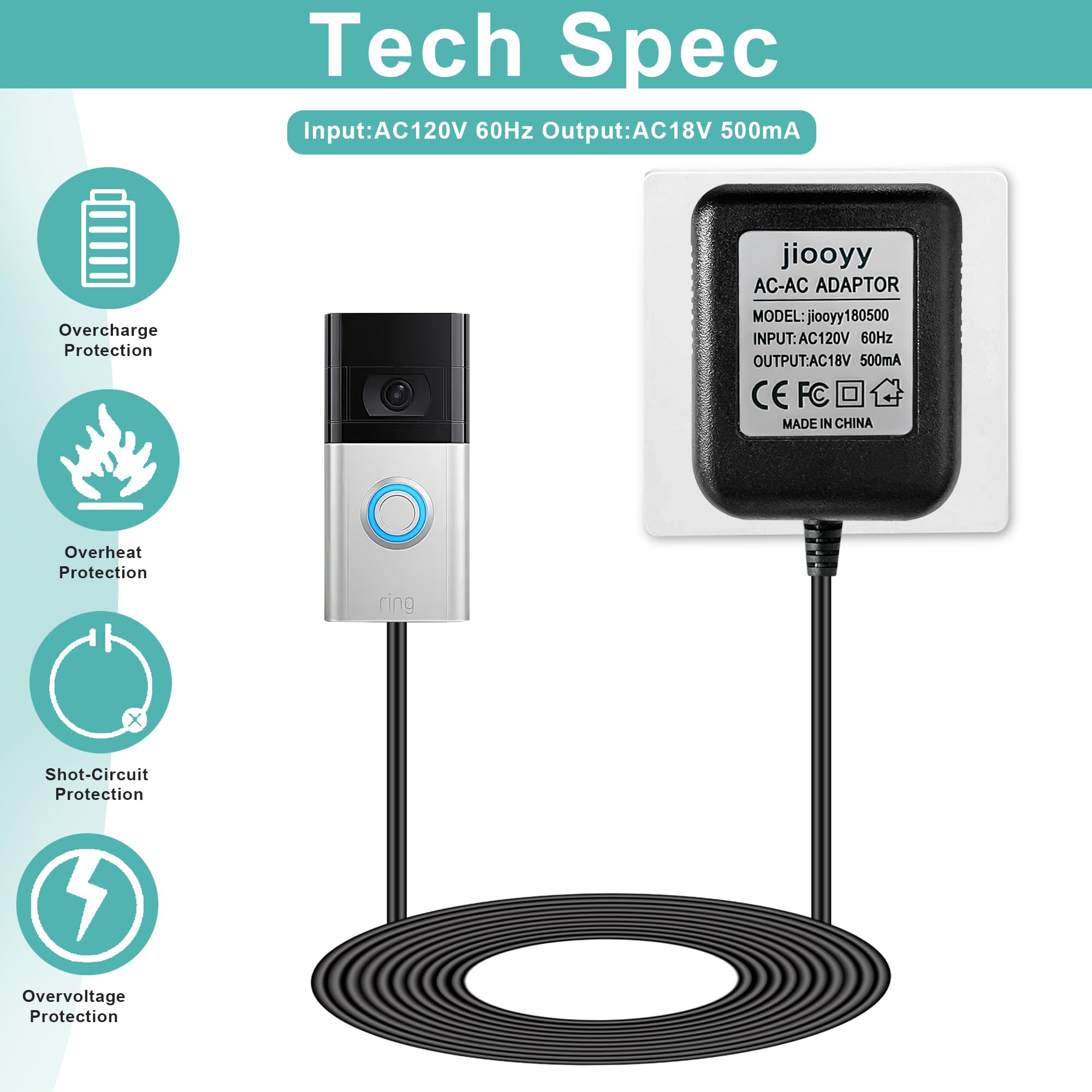 18V500Ma Doorbell Transformer   Video Doorbell Power Adapter, For Ring Video Doorbell Pro And Ring Video Doorbell 2, Compatible