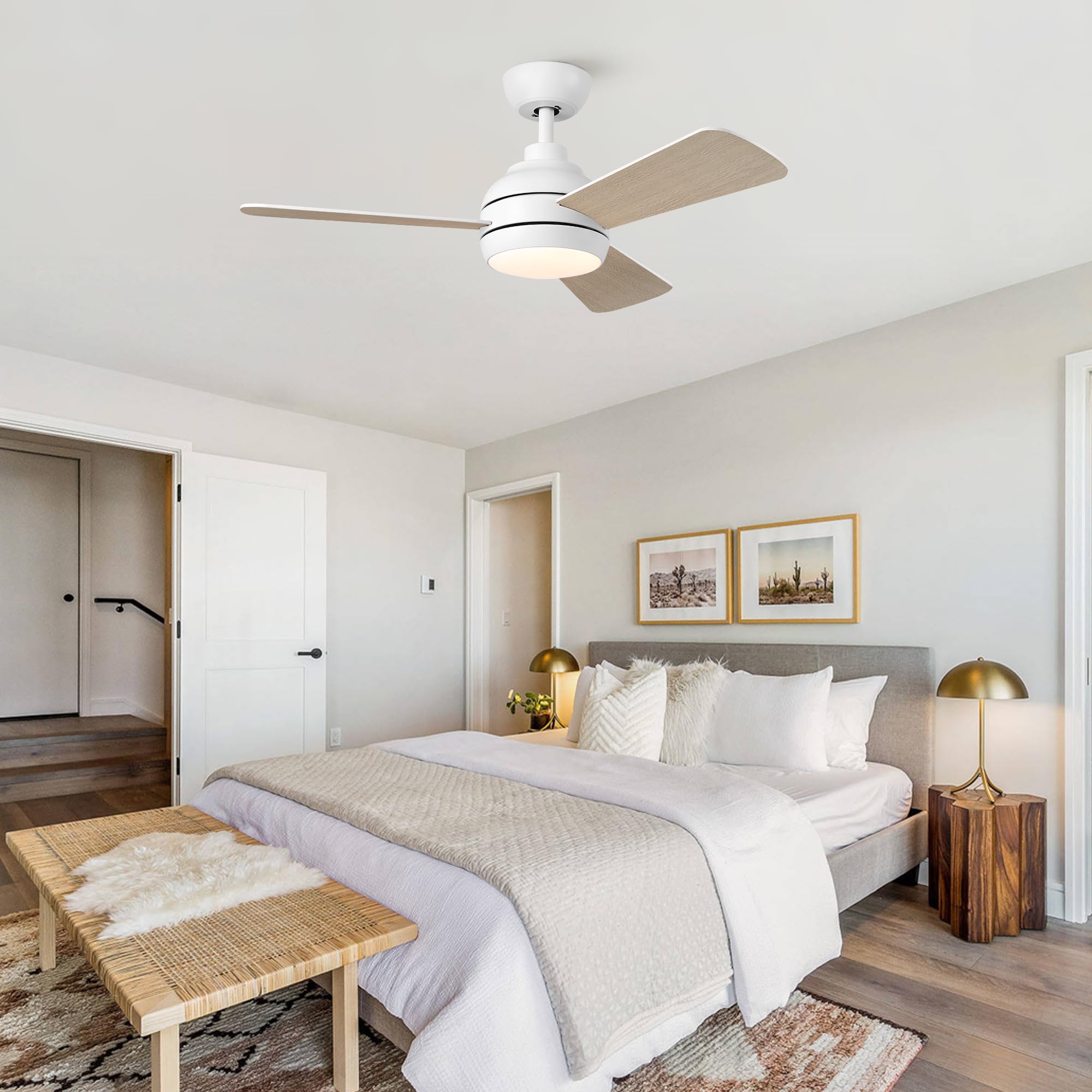 Putroad 42 Inch Ceiling Fans With Lights And Remote, Modern White Ceiling Fan With Light, Dc Reversible, 6 Speeds, 3Cct, Dimmabl