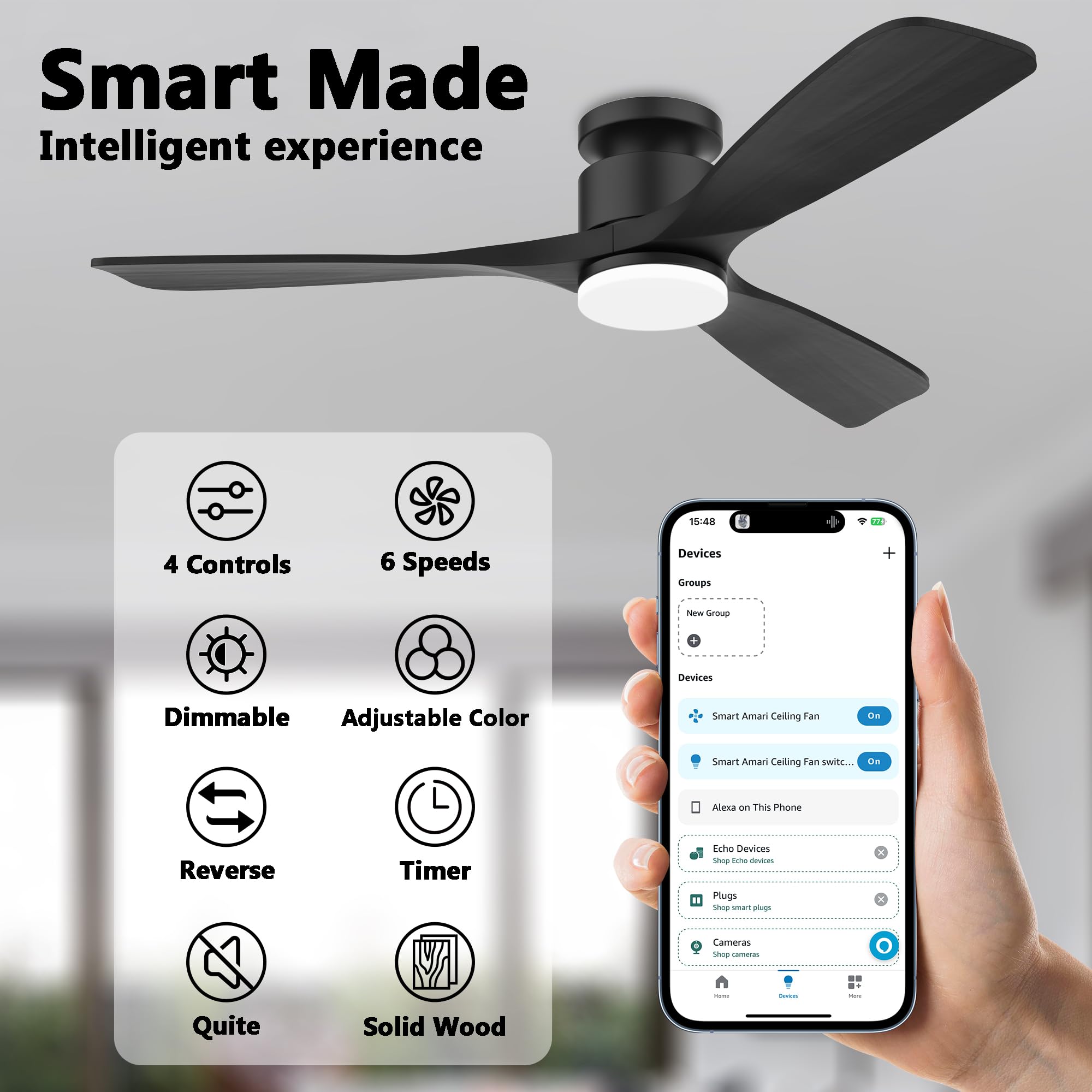 52 Inch Smart Low Profile Ceiling Fan,Solid Wood Ceiling Fan With Lights Remote,Outdoor Indoor Flush Mount,Wifi Alexa App Contro