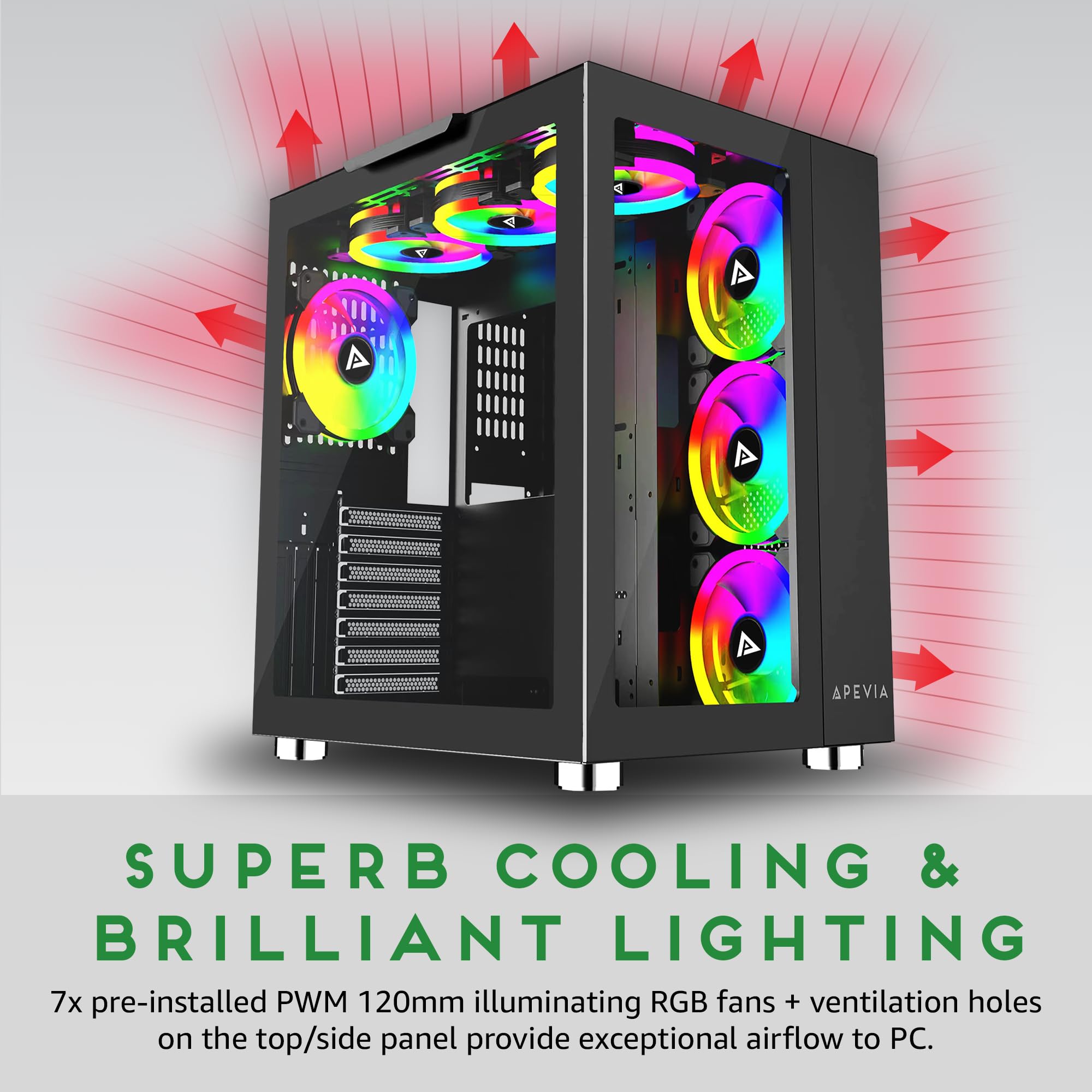 Apevia Prism Elite Bk Prism Elite Mid Tower Atx Gaming Pc Cube Case W/ 7X 120Mm Pwm Argb Fans, 366 Rgb Modes, Dual Tempered Glas