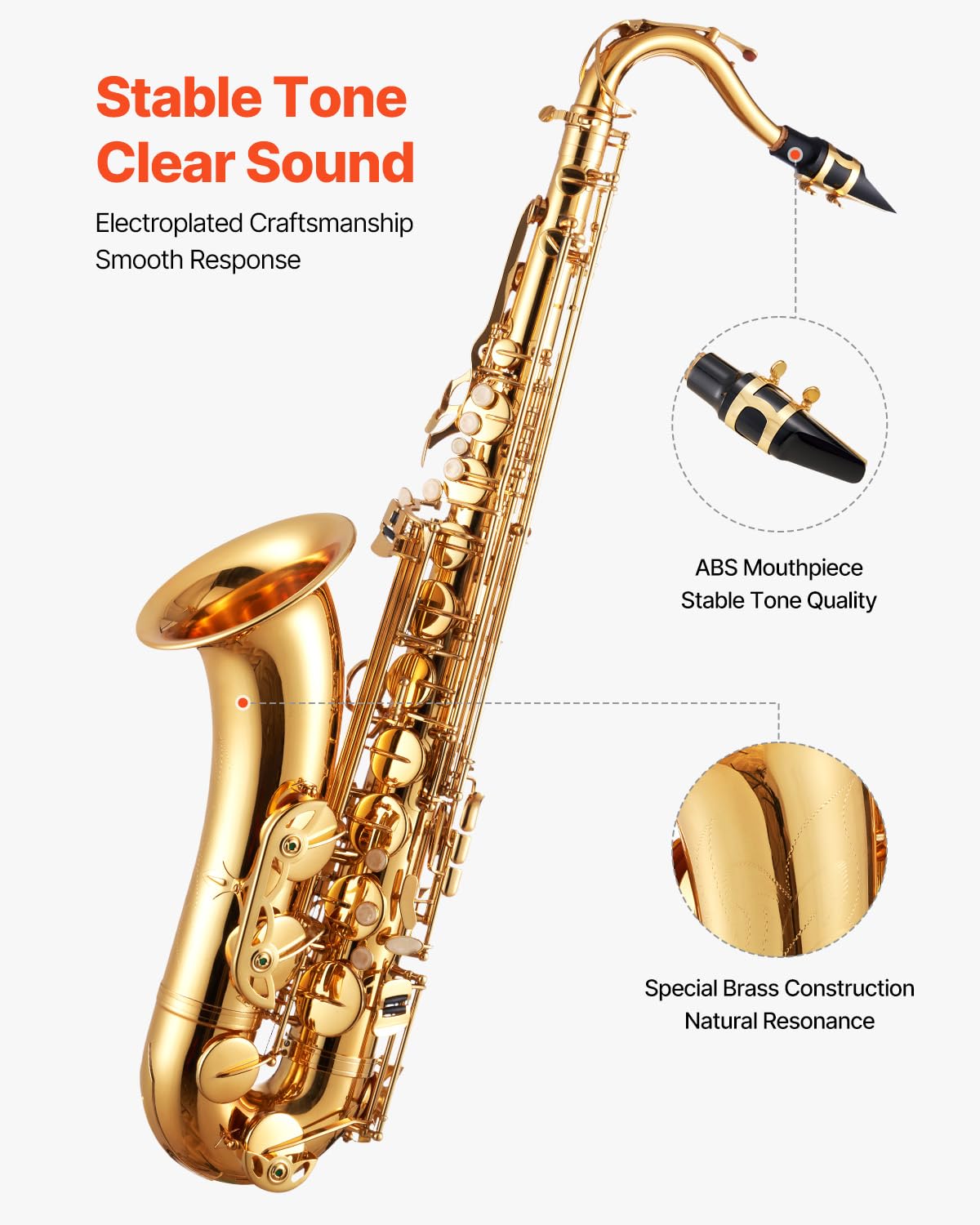 Vevor Tenor Saxophone, B Flat, Professional Brass Saxophone Beginner Kit With Carrying Case, Mouthpiece, Straps, Cleaning Cloth,