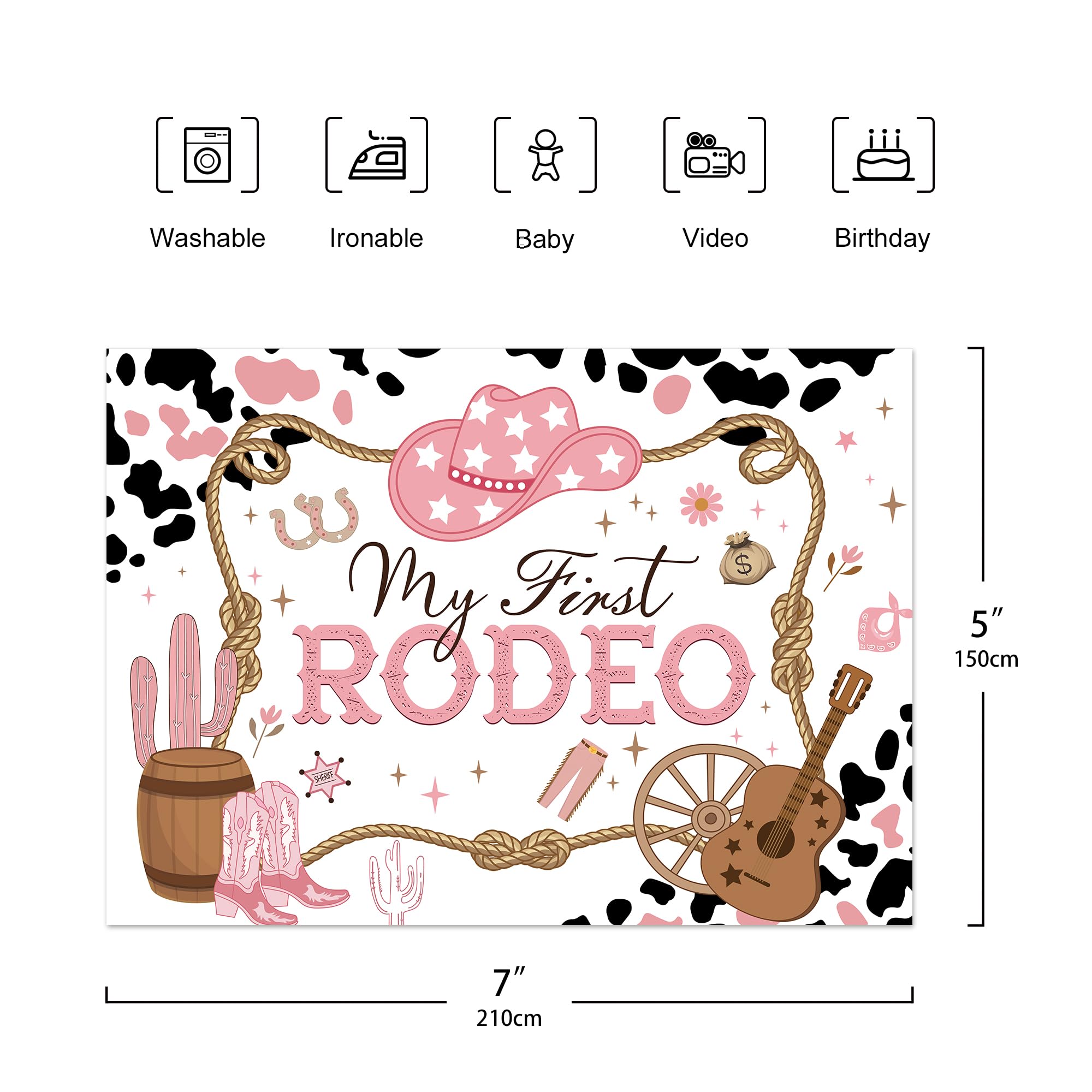 Riyidecor Cowgirl First Rodeo Birthday Backdrop, Western First Birthday Backdrop Banner, Cow Print Pink Wild West Cactus 7X5 Fee