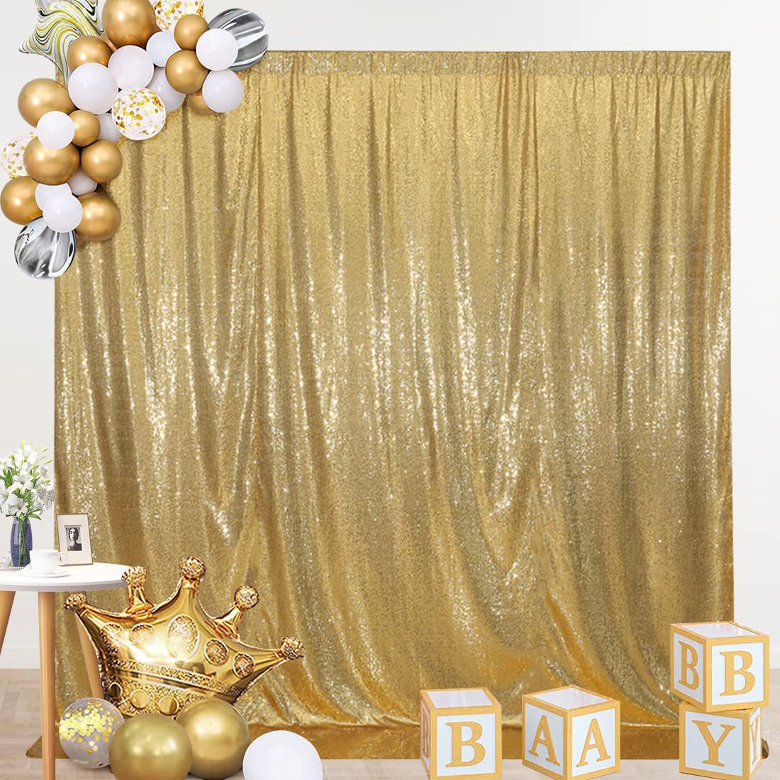Squarepie Sequin Backdrop Not See Through Thick Stain Background For Photography Glitter Curtain Party 7Ft X 7Ft Gold