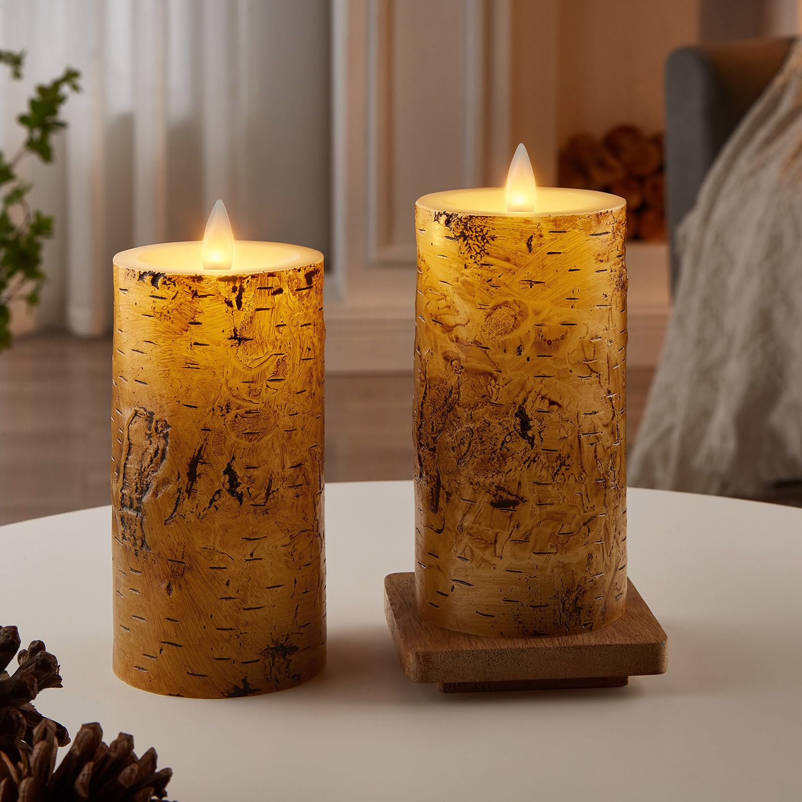 Cozierglow Birch Bark Wax Flameless Candles With Remote Timer, Last 400 Hour With 2Aa Batteries, 3D Moving Flame Led Candles, Se