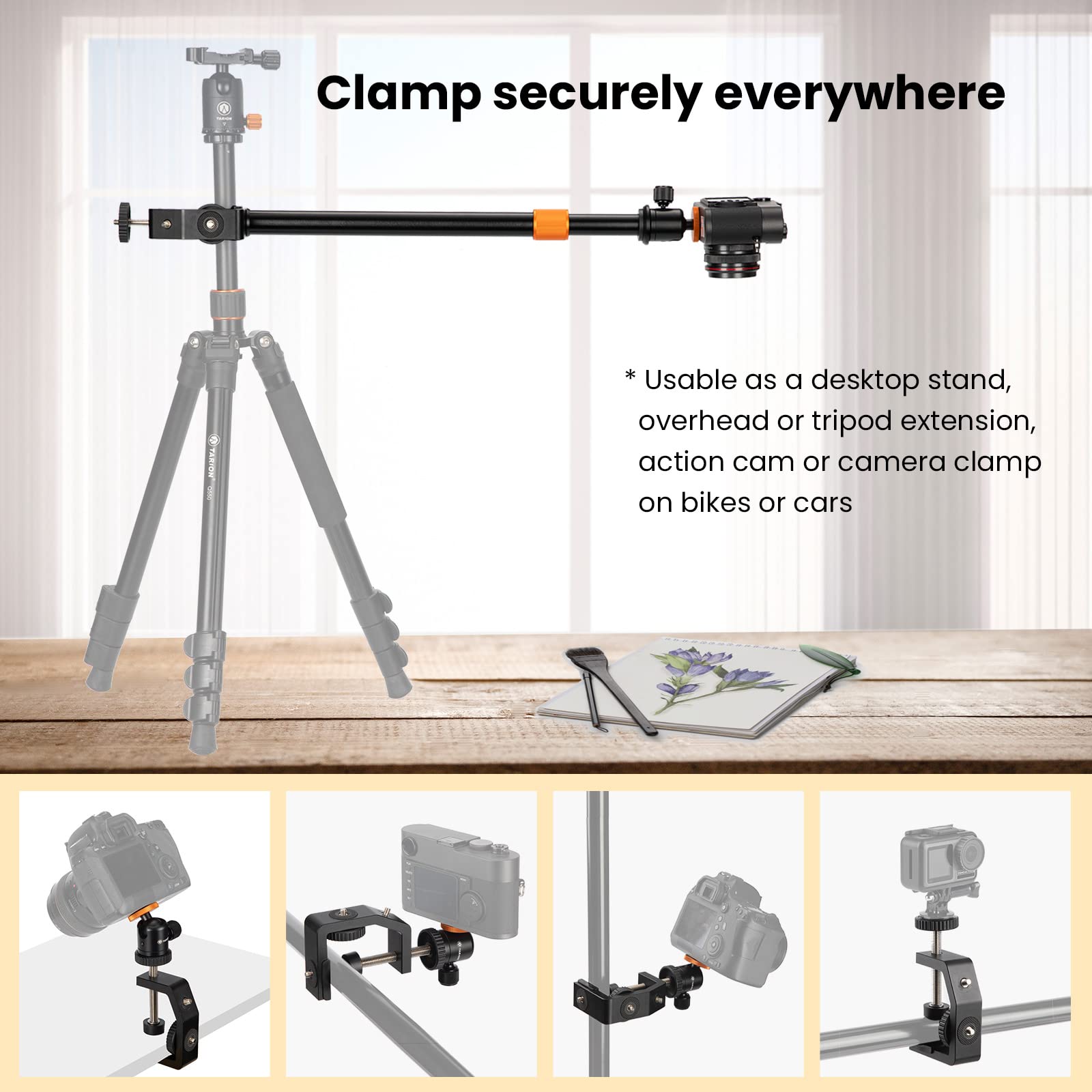 Tarion C Clamp Stand Camera Desk Mount With Standard 1/4 Screw, Ball Head And 33 60Cm Adjustable Extension Rod For Vlogging Live Stream Photo Studio Light Photography Filming