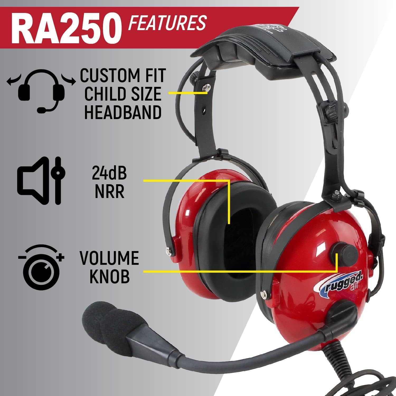 Rugged. Air Ra250 Child Size Aviation Pilot Headset For Children And Passengers Features Clear Hear Speakers Noise Canceling Microphone Foam Ear Seals Custom Fit Headband And Free Headset Bag