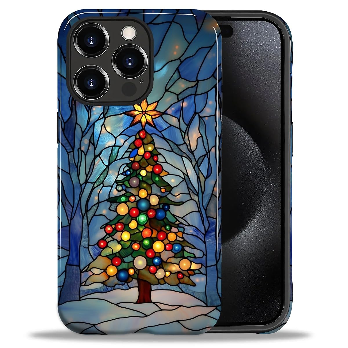 SKAMIX Case for iPhone 15 Pro Max,Drop Protection Hybrid 2-Layer Hard Phone Cover-Stained Glass Winter Christmas Tree
