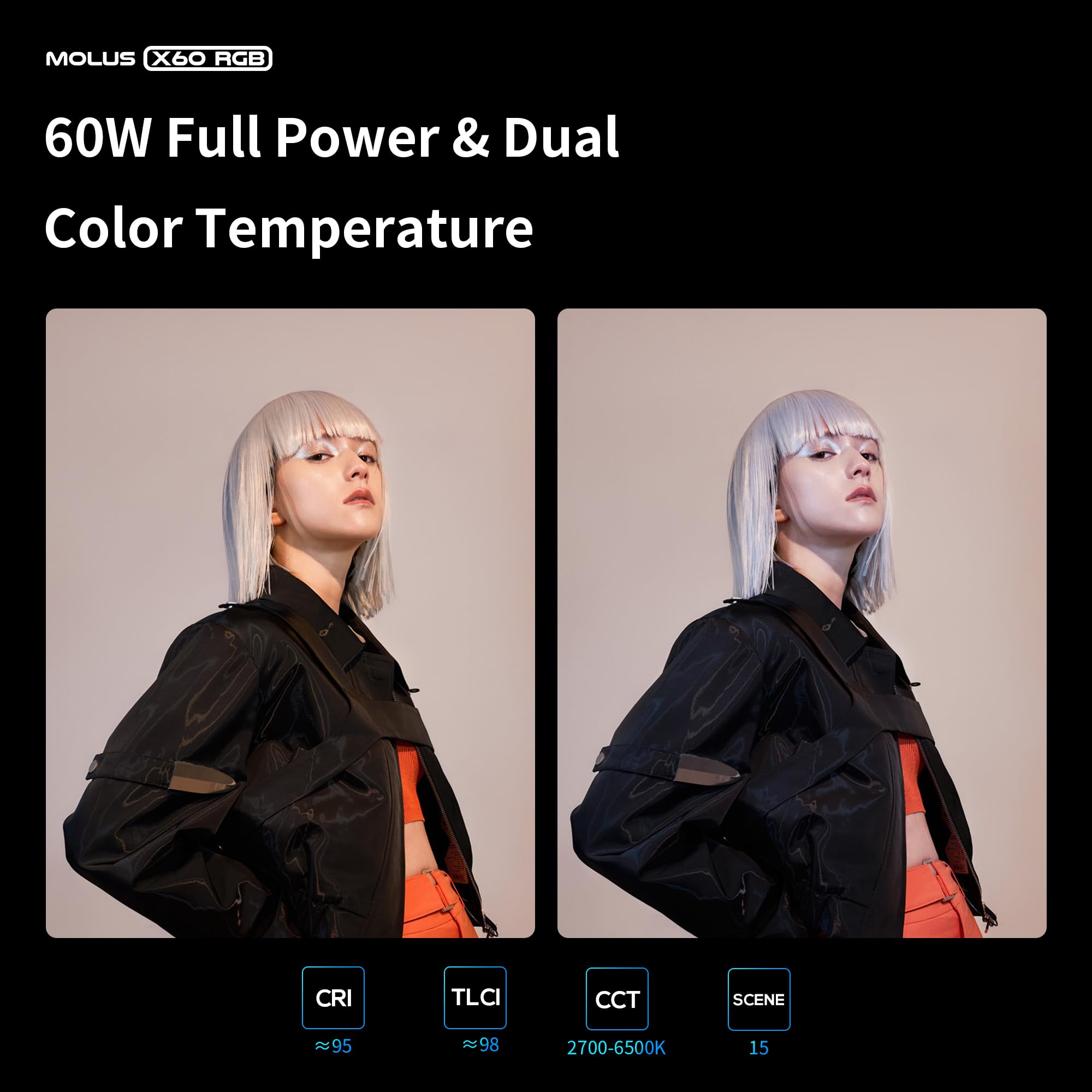 Zhiyun Molus X60 Rgb Combo 60W Cob Video Light, 319G Portable Led Light, 2700K 6500K Cri 95 Tlci 98 W/Detachable Grip Battery,Su