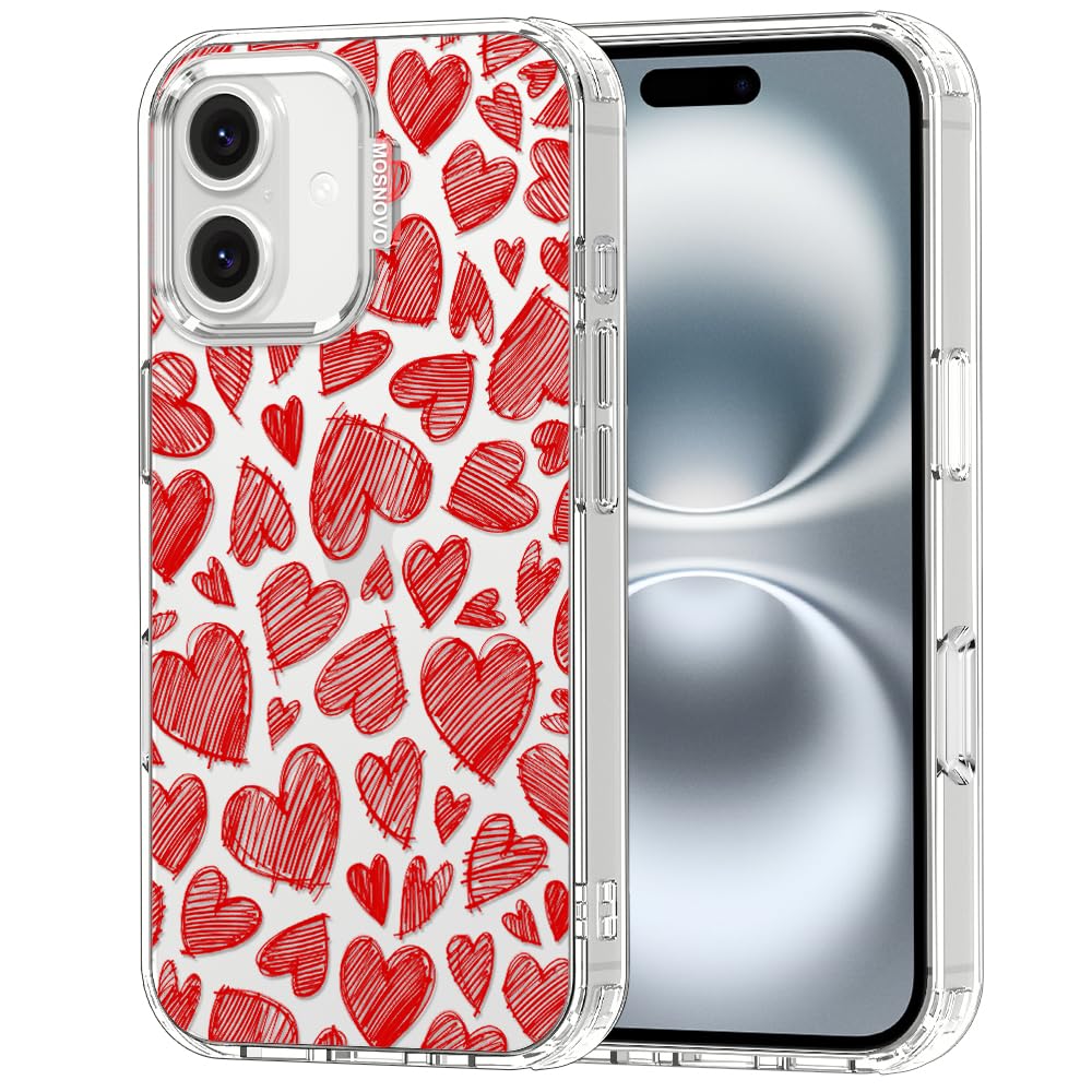 MOSNOVO for iPhone 16 Case, Shockproof Military-Grade Protection 6.6ft Drop Tested, Clear Phone Case for iPhone 16, Red Doodle H