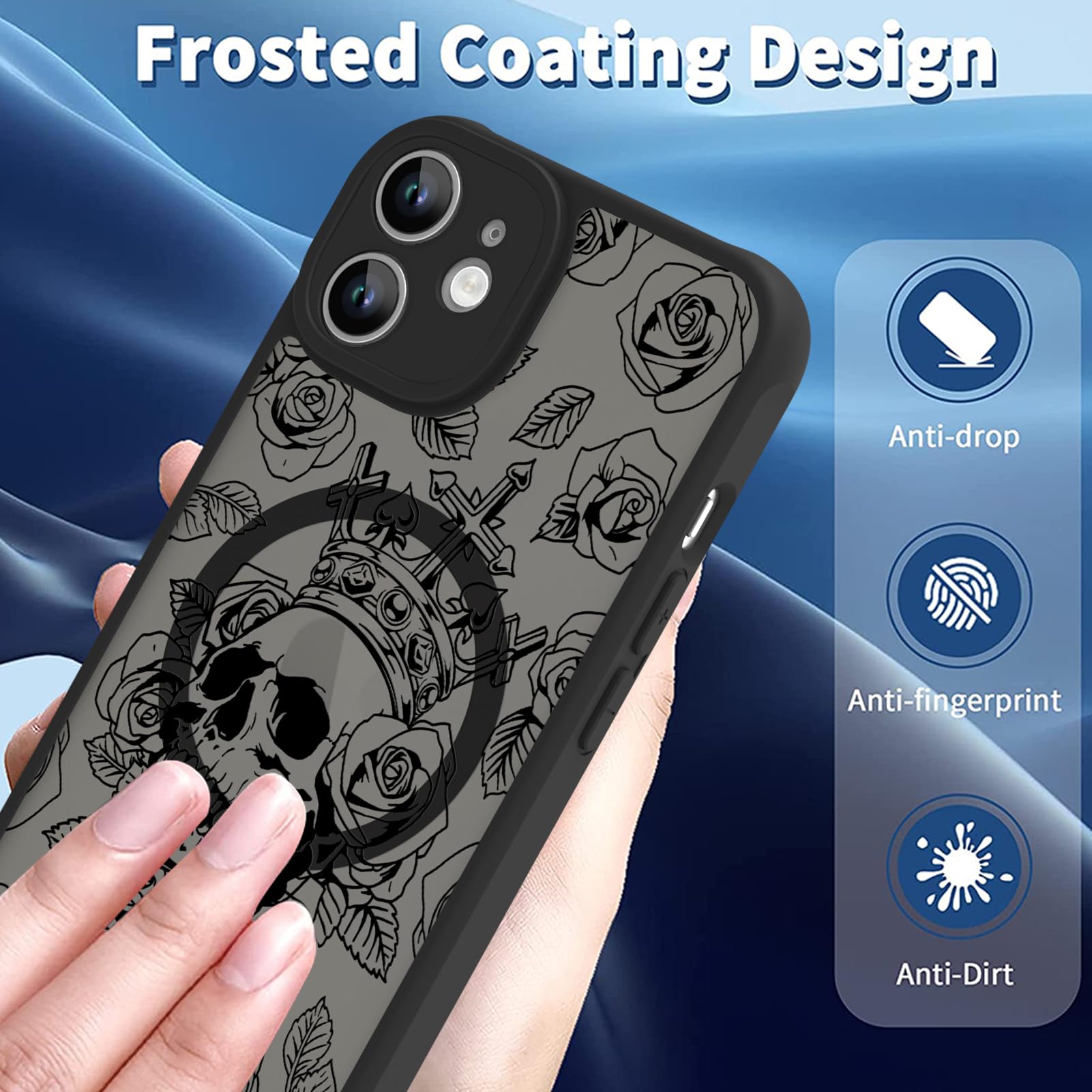 Ook Magnetic For Iphone 12 Case Black Flower Skull Pattern [Compatible With Magsafe] Slim Translucent Matte Camera Lens Protecti