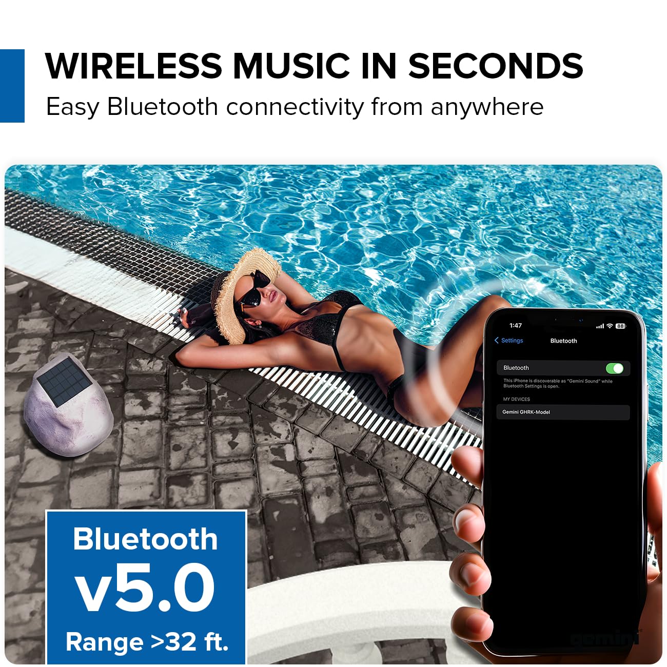 Gemini Sound Ghrk 500Ltms Pr: Portable Solar Powered Bluetooth Rock Speakers Pair With Multi Link, Weather Resistant Design For Outdoor Entertainment, Wireless Connectivity, And Ambient Led Lighting