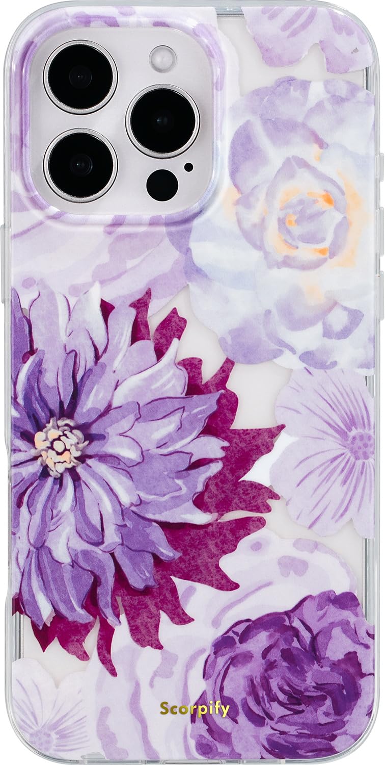 Scorpify For Iphone 16 Pro Max Case [Compatible With Magsafe] With Purple Zinnia Floral Design, Cute Clear Magnetic Phone Cover
