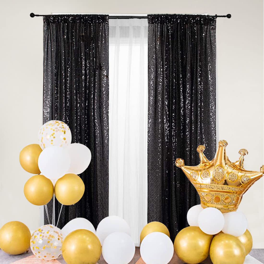 Partydelight Black 2Ft X 8Ft Sparkly Sequin Backdrop Curtains, 2 Panels, For Wedding, Party, Room Decorations.