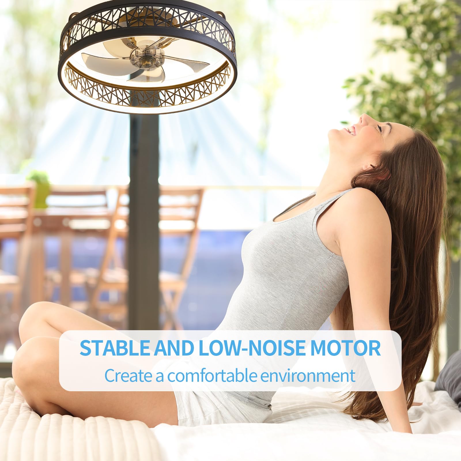 18'' Caged Ceiling Fans With Lights, 6 Speed Low Profile Ceiling Fans With Lights And Remote 3000 6000K Dimmable, Bladeless Ceil