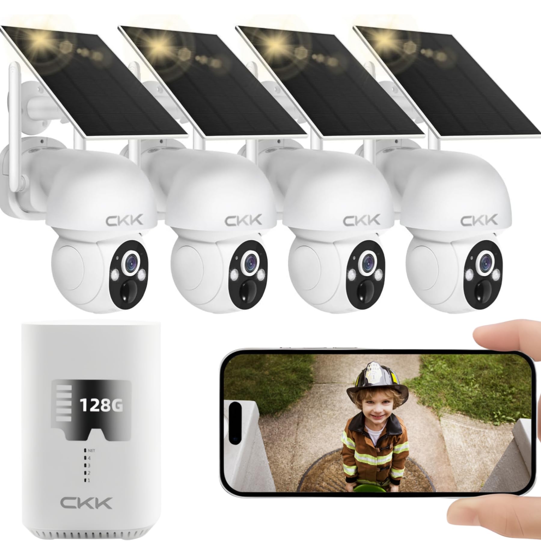 2.5K Family Safety System,Solar Security Cameras Wireless Outdoor,4 Cameras Kit With Full Color Night Vision,360� View,2.4Ghz Wifi Camera,2 Way Audio,Spotlight Camera,128G Local Storage,No Monthly Fee