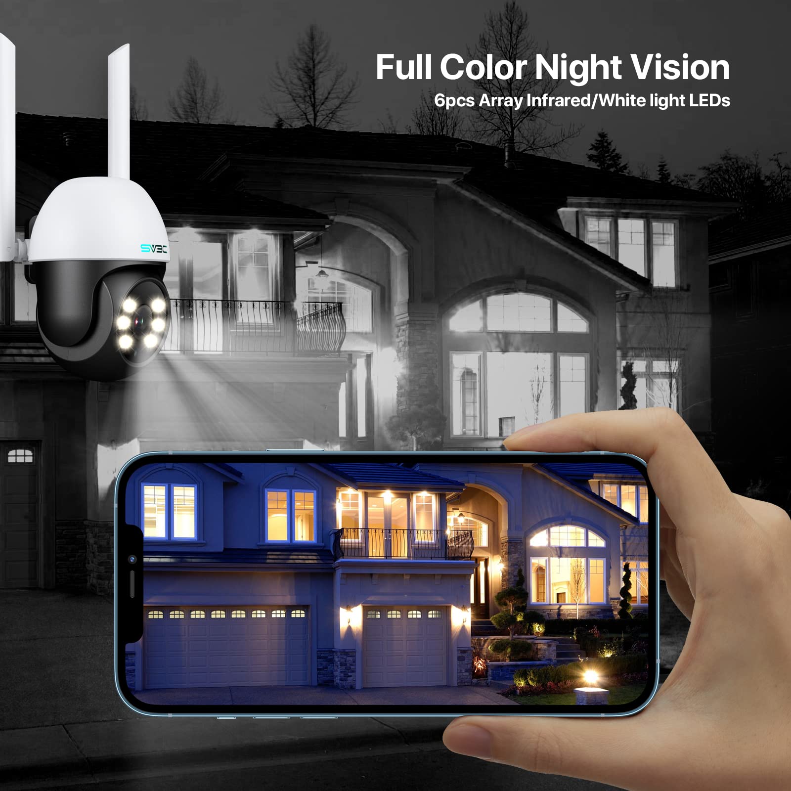 Sv3C 2 Pack Ptz Security Camera Outdoor, 1080P Pan Tilt Wifi Ip Camera, Auto Tracking 360 Camera, Onvif, Color Night Vision, 2 W